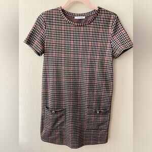 Zara Trafaluc Houndstooth Red Black Shift Dress Size Small Two Pockets